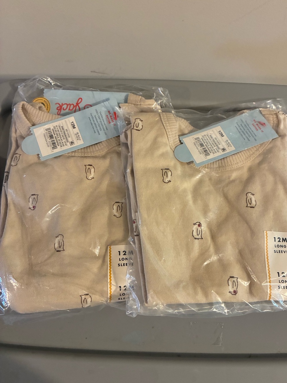 Neutral Beige Baby Long Sleeve Tee with Penguin Motif (2-Pack) X 2